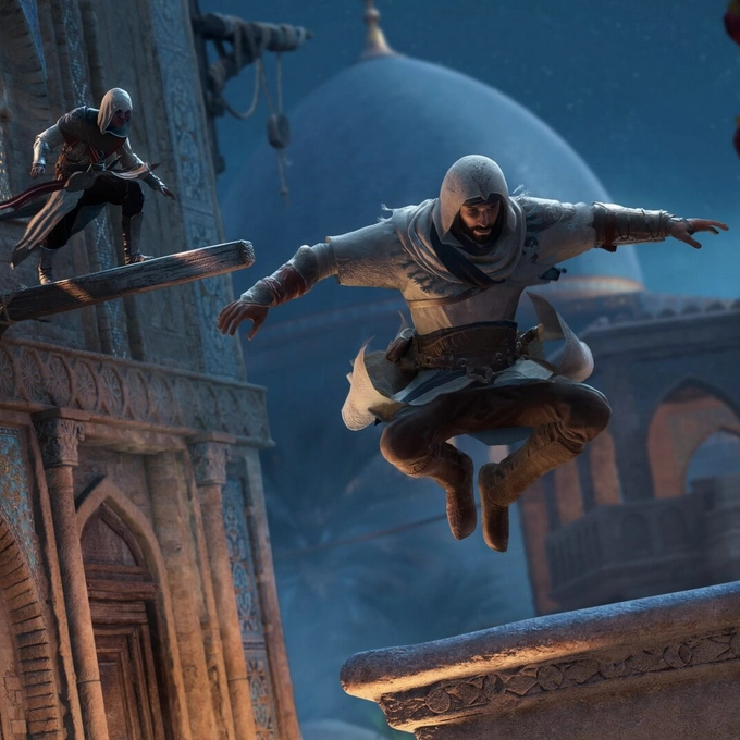 assassin's creed mirage pc requirements - 2 cloaked characters jumping on building architecture
